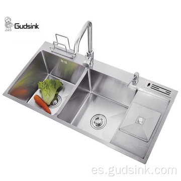 Fregadero de cocina de acero inoxidable con fregadero de doble cuenco hecho a mano